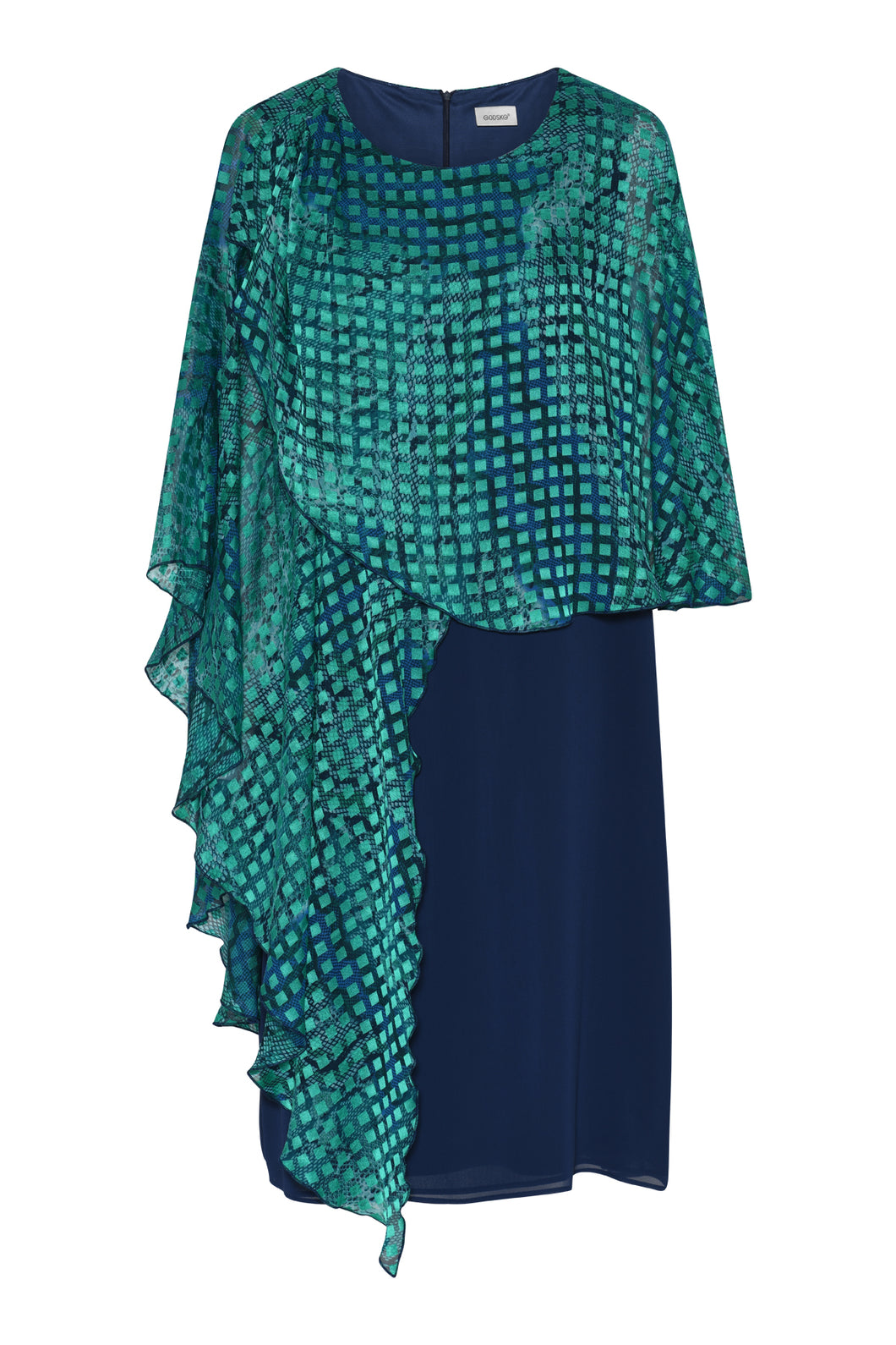 Godske - Chiffon Dress with Waterfall overtop - Emerald & Blue