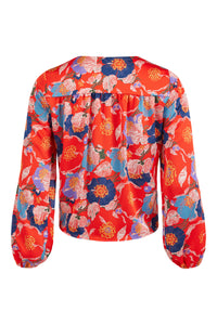 Tia - Tie front Blouse - Coral Poppy print