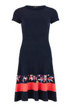 Load image into Gallery viewer, Tia - Shortsleeved fitted flare dress - Navy with coral band
