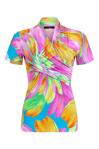 Tia- Short Sleeved crossover top - Tropical pink Print