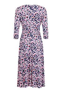 Tia - Cross over faux Wrap Dress - Pink & Blue ditsy print