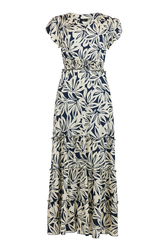 Tia - Short sleeved silky tiered Dress - Navy & Cream
