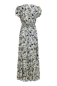 Tia - Short sleeved silky tiered Dress - Navy & Cream