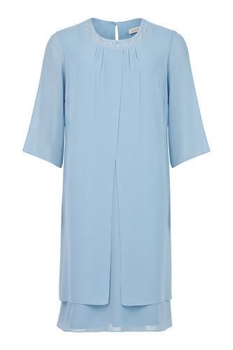 Godske -3/4 Sleeve Dress with Diamanté Neckline - Cornflower Blue