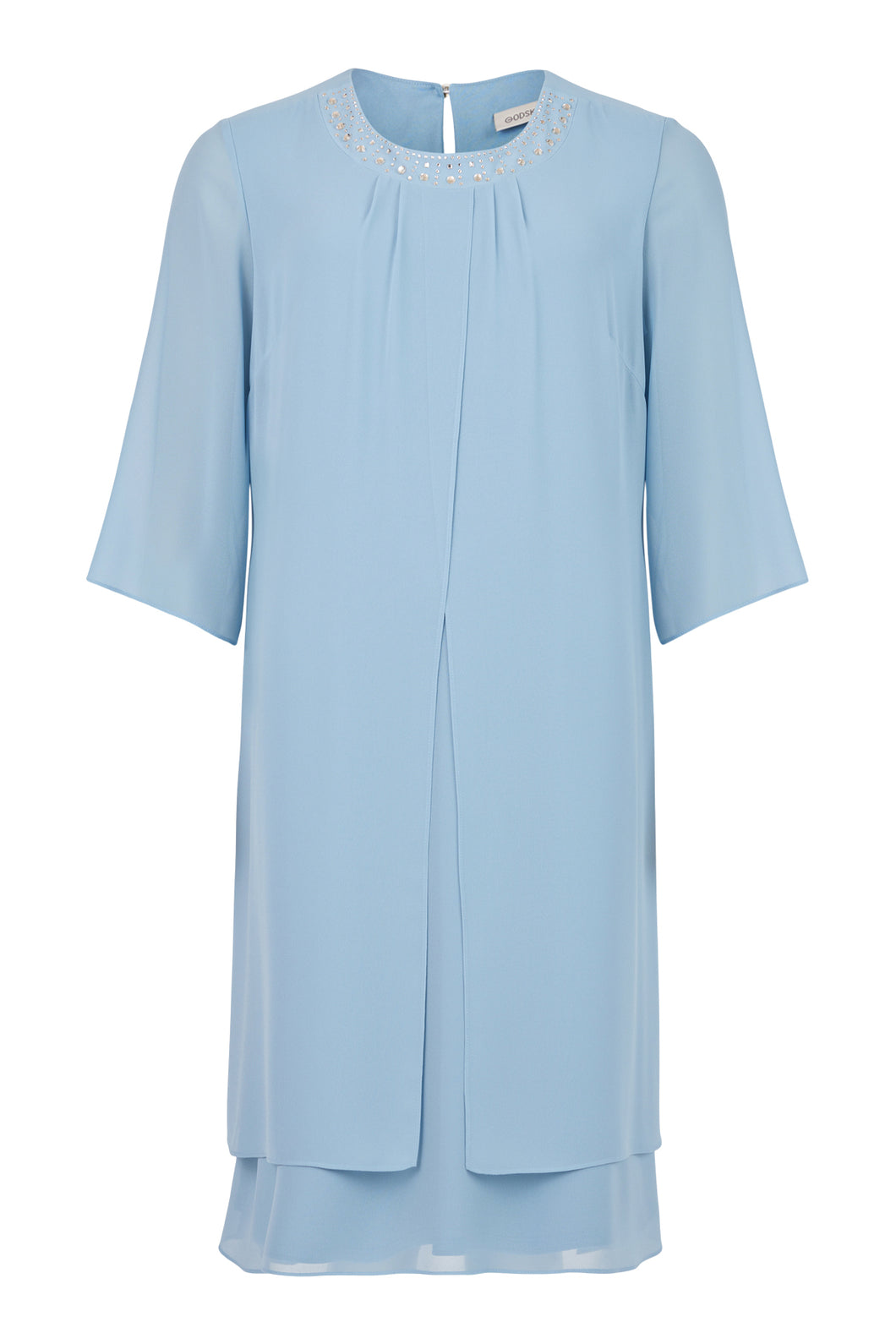 Godske -3/4 Sleeve Dress with Diamanté Neckline - Cornflower Blue