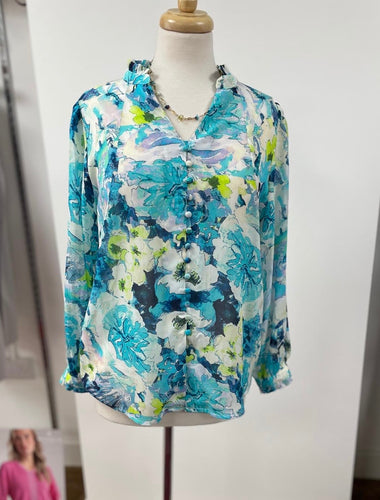 Pomodoro - Watercolour Print Ruffle Neck Blouse - Blues/ Cream