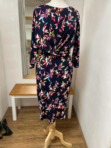 Tia - Cross Over front tie Dress - Navy & Multi flower print