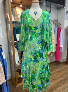Allison - Sleeveless ruffle silk dress with Bolero Jacket - Green & Turquoise