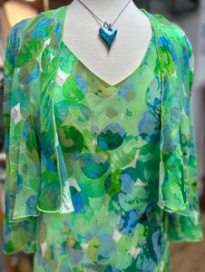 Allison - Sleeveless ruffle silk dress with Bolero Jacket - Green & Turquoise