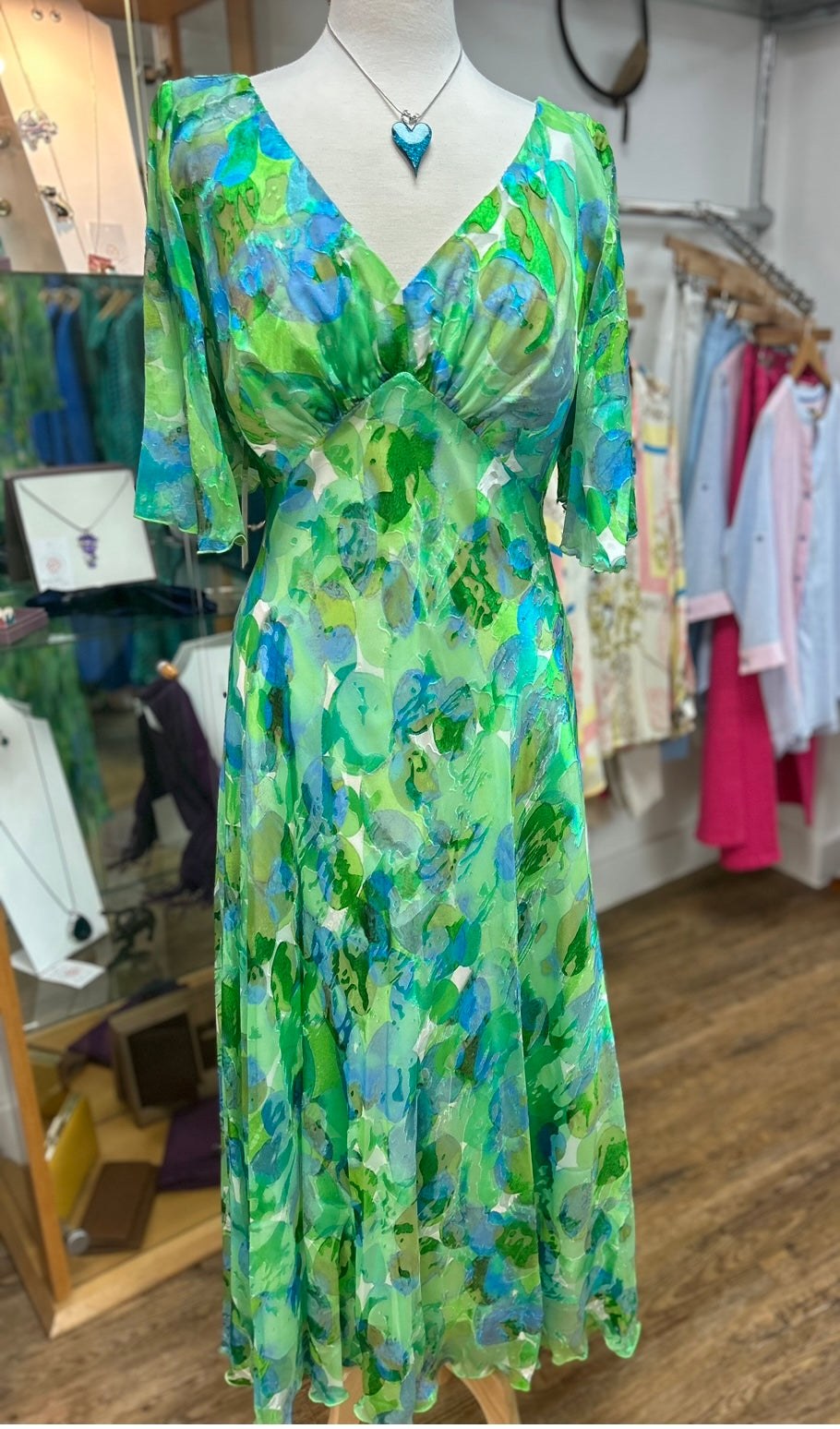 Allison - Short Sleeved Silk Long Dress - Green & Turquoise Animal Print