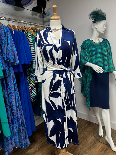 K Design - Shirt Dress with tie Belt - Blue & Cream Floral bold print