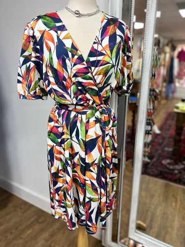 K Design - Short Sleeve Crossover Dress - Multi leaf Print