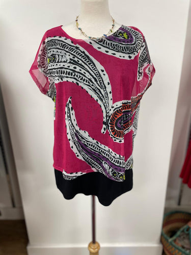 Doris Streich - Capped Sleeve Blouse with undervest - Pink & black paisley print