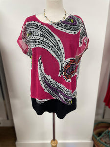 Doris Streich - Capped Sleeve Blouse with undervest - Pink & black paisley print