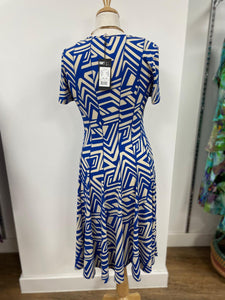 Tia - Panelled Dress - Geometric print - Blue & Cream