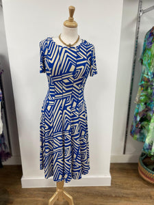Tia - Panelled Dress - Geometric print - Blue & Cream
