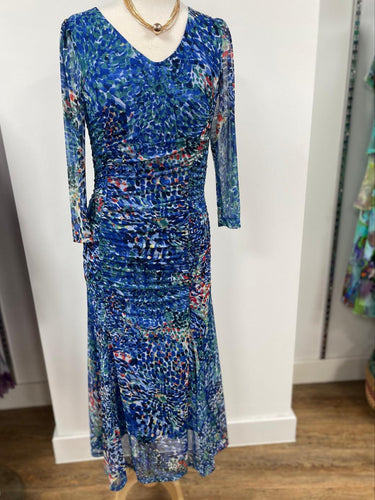 Tia - Long Sleeved Ruched Dress - Blue/Multi print
