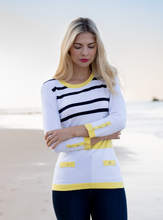 Load image into Gallery viewer, Marble - Round Neck classic fit sweater - White with Yellow &amp; Navy