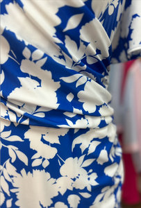 Allison - Short Sleeved side ruched dress - Blue & White Flower print