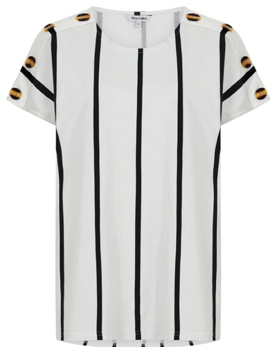 Alice Collins - Button Shoulder Top - White & Navy Stripe
