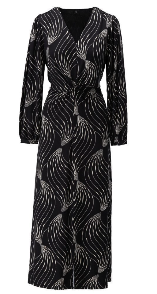 K Design - V Neck Maxi Dress - Curve print - Black & Cream - Z105