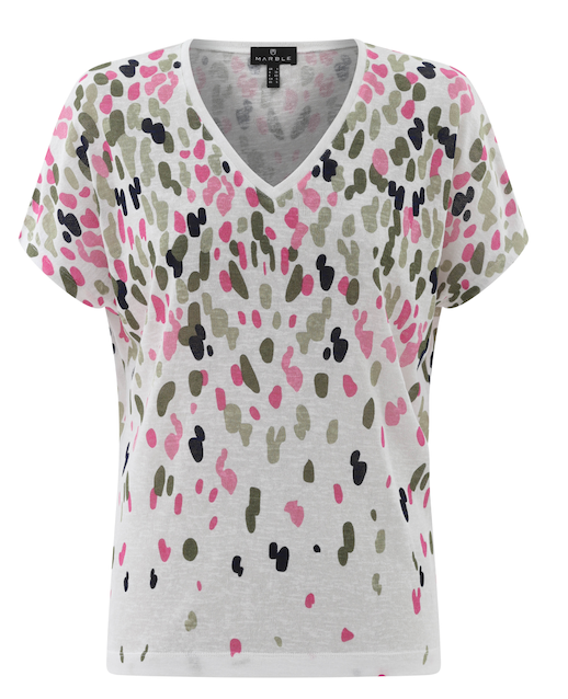 Marble - Relaxed V Neck Top - White/Olive/Pink - 6947