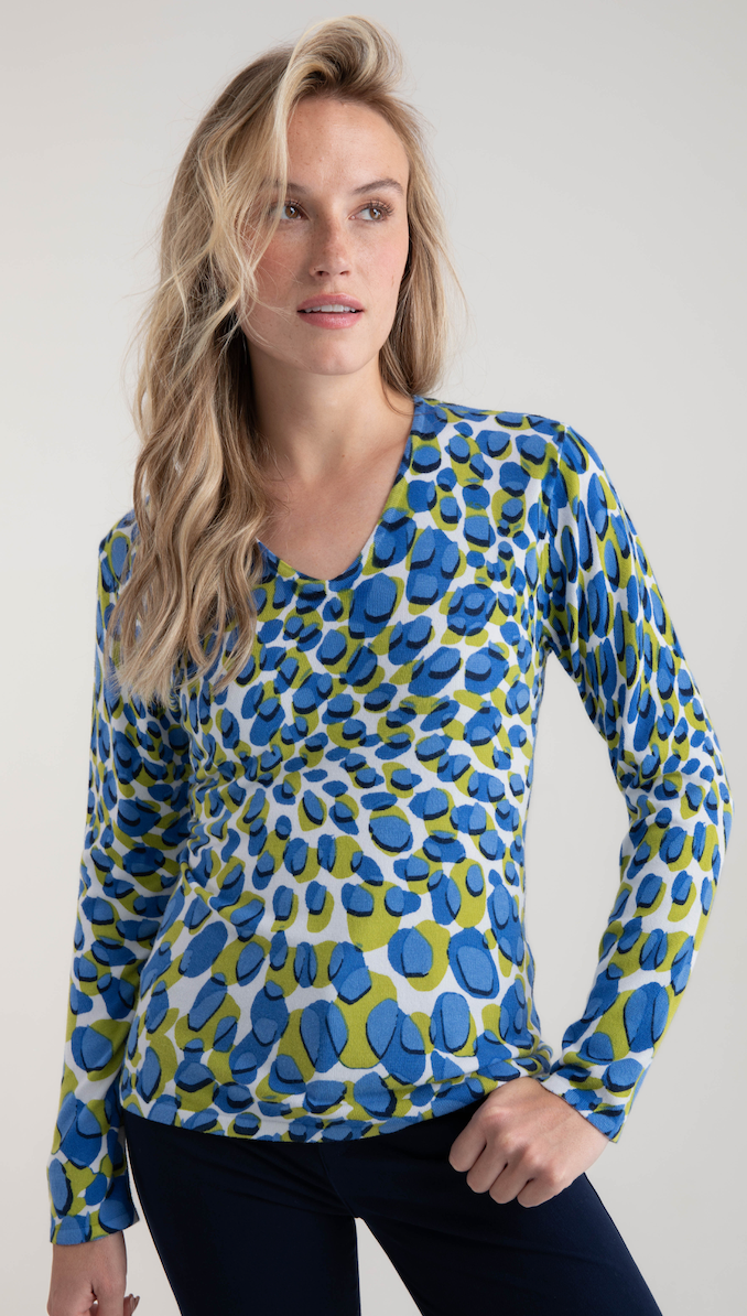 Marble - Fine V Neck Sweater - Blue/Lime - 7808