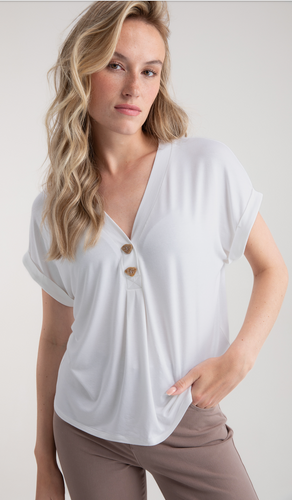 Marble - Short Sleeve V Neck Top - White - 7900