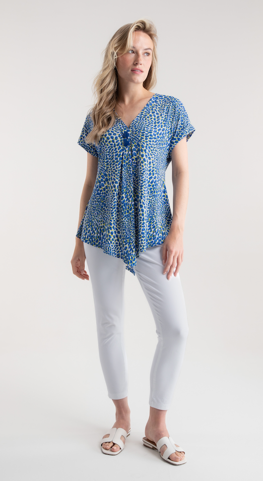 Marble - V Neck Button Top - Blue/Lime Print - 7936