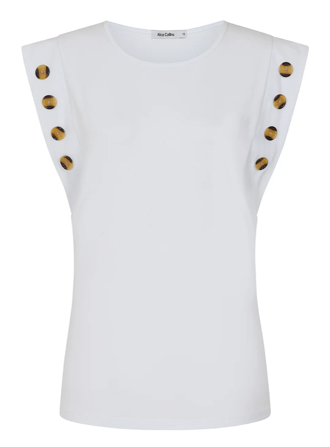 Alice Collins - Button Shoulder Tee Shirt - White