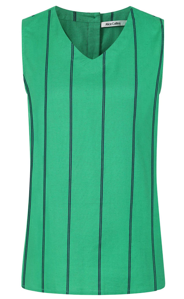 Alice Collins - Rose -  V Neck Linen Top - Green / Navy
