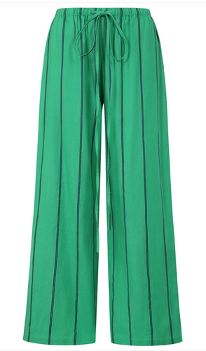 Alice Collins - Rose - Striped Linen Wide Leg Trousers - Green / Navy