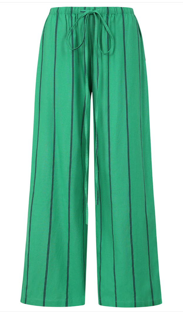 Alice Collins - Rose - Striped Linen Wide Leg Trousers - Green / Navy