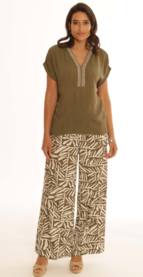 Pomodoro - Wide Leg Trousers - Khaki Twig print
