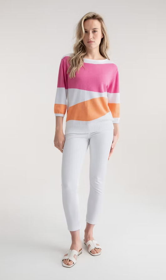 Marble - Round neck uneven stripe Sweater - Pink/Tangarine/white - 7895