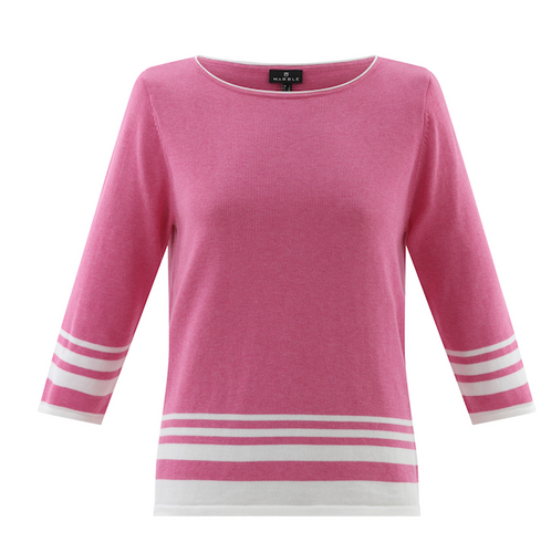 Marble - Round neck Sweater with stripe trim - Pink /White
