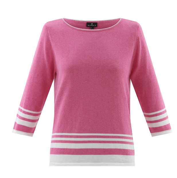 Marble - Round neck Sweater with stripe trim - Pink /White