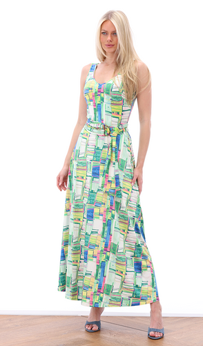 K Design -Sleeveless V Neck  Maxi Dress -  Box Print - Green Mix - 214