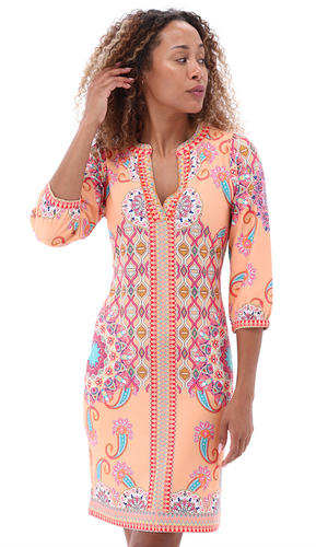 K Design - 3/4 Sleeve V Neck Short Dress - Peach Mix - 402