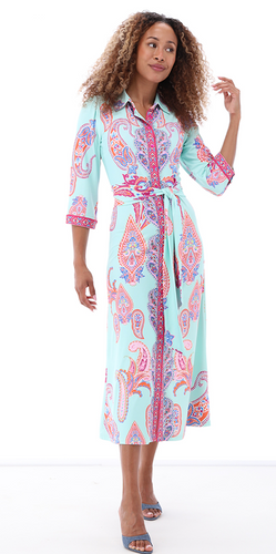 K Design - 3/4 Sleeve Maxi Shirt  Dress - Paisley Print - Turquoise/ Pink -  404