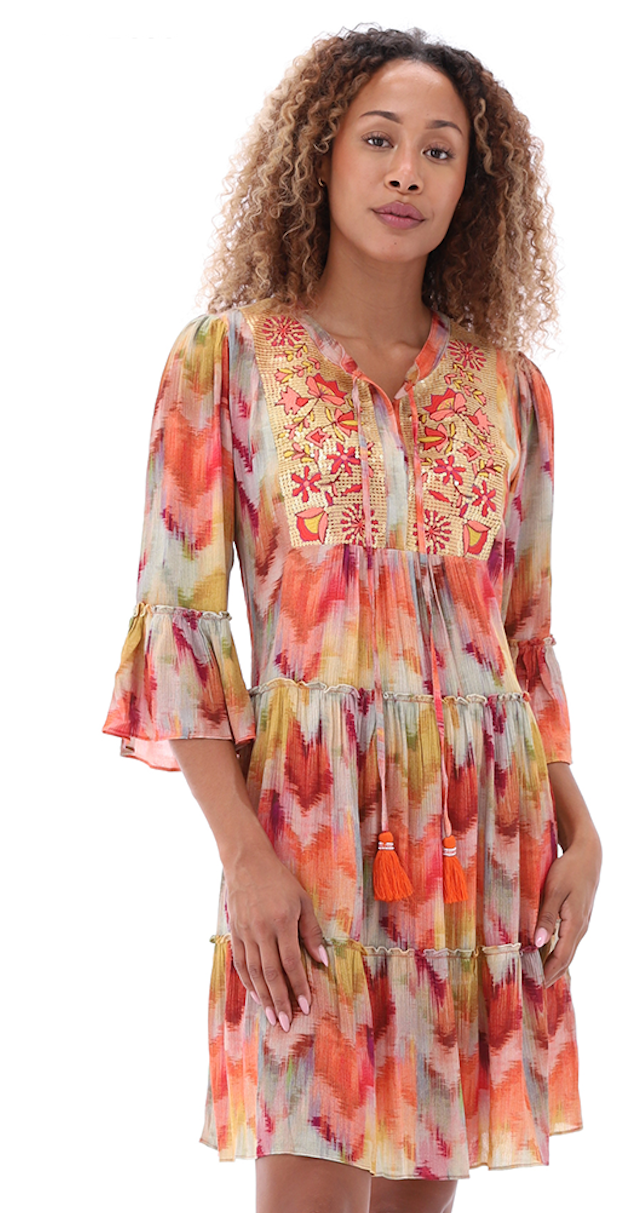 K Design - Boho Style Short Dress - Orange Mix - 507