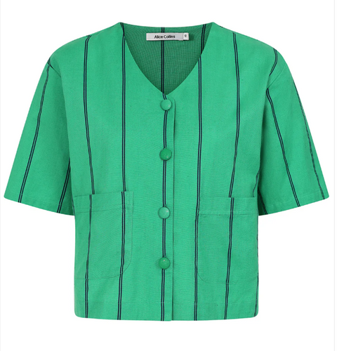 Alice Collins - Rose - Linen Short Jacket - Green/Midnight Blue