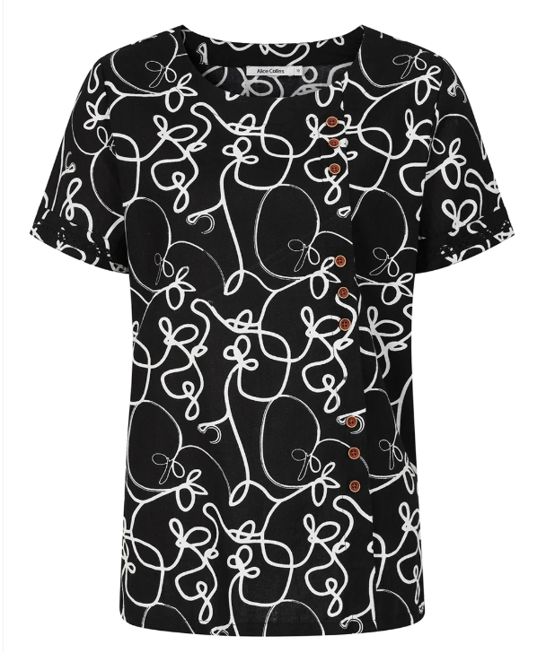 Alice Collins - Linen Mix Top with buttons - Black/White