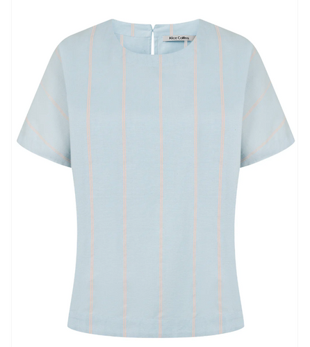Alice Collins - Rose - Linen Mix Stripy  Top - Chalk Blue/Pink