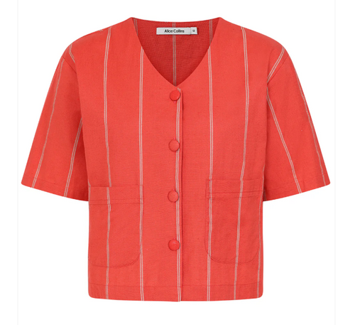 Alice Collins - V Neck Stripy Short Top - Coral/ Stone