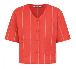 Alice Collins - V Neck Stripy Short Top - Coral/ Stone