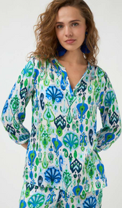 Tinta - Elene - V Neck Blouse - Green/Blue Print