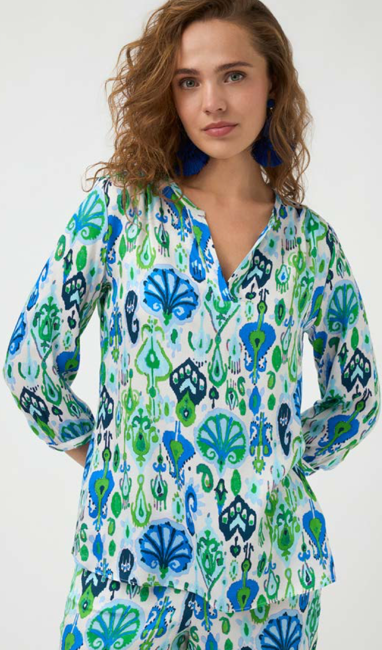 Tinta - Elene - V Neck Blouse - Green/Blue Print