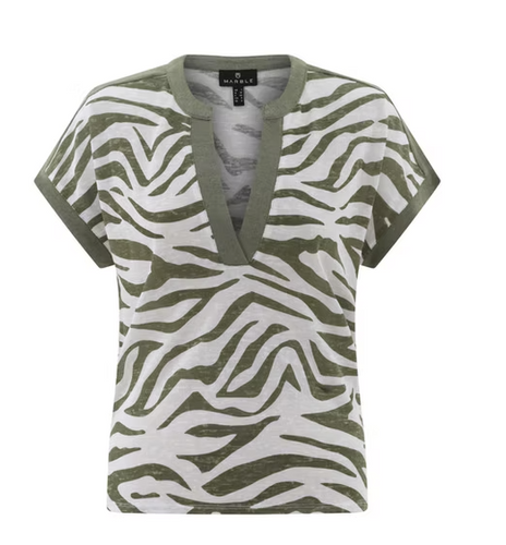 Marble - Cheesecloth V Neck Tee Shirt  - Animal Print - Khaki/White - 7846