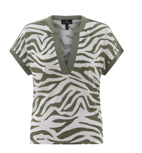 Marble - Cheesecloth V Neck Tee Shirt  - Animal Print - Khaki/White - 7846